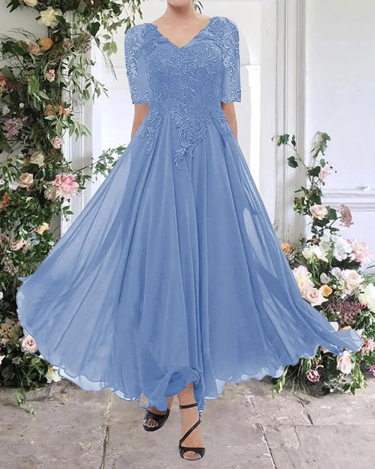 Tea Length Mother of The Bride Dresses for Wedding Lace Evening Formal Dress Half Sleeve Wedding Guest Groom Dress
