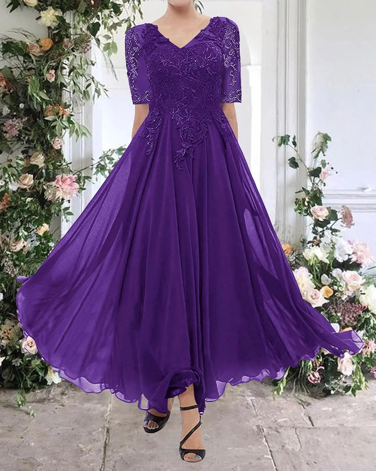 Tea Length Mother of The Bride Dresses for Wedding Lace Evening Formal Dress Half Sleeve Wedding Guest Groom Dress