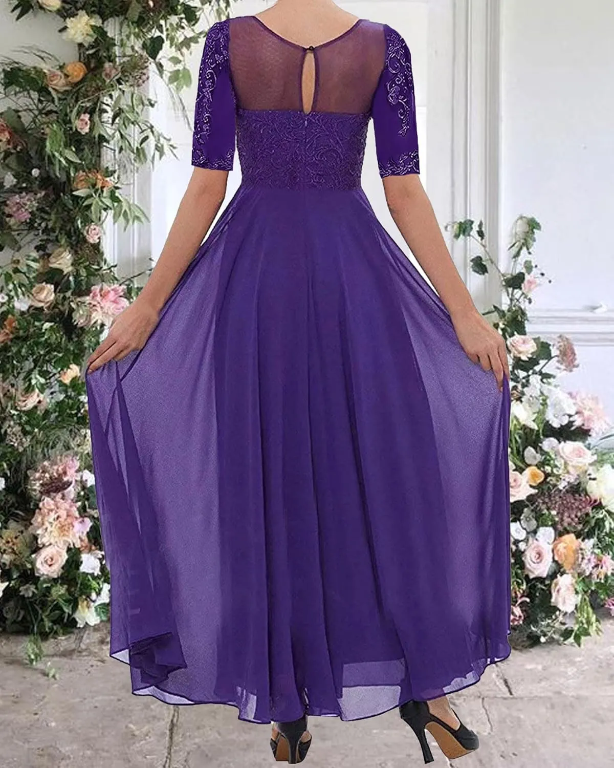 Tea Length Mother of The Bride Dresses for Wedding Lace Evening Formal Dress Half Sleeve Wedding Guest Groom Dress
