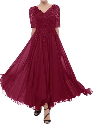 Tea Length Mother of The Bride Dresses for Wedding Lace Evening Formal Dress Half Sleeve Wedding Guest Groom Dress