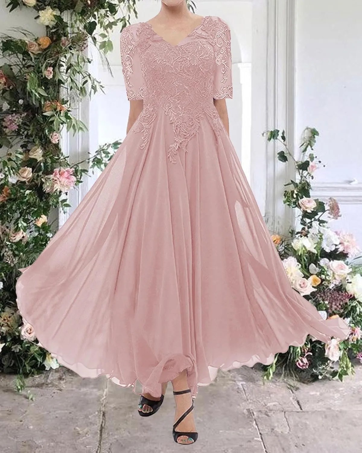 Tea Length Mother of The Bride Dresses for Wedding Lace Evening Formal Dress Half Sleeve Wedding Guest Groom Dress
