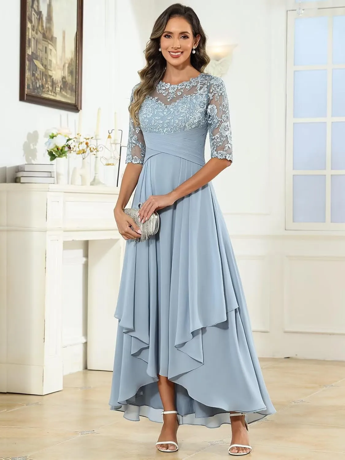 Tea Length Mother of The Bride Dresses for Women Half Sleeve Chiffon Lace Applique Formal Evening Dress