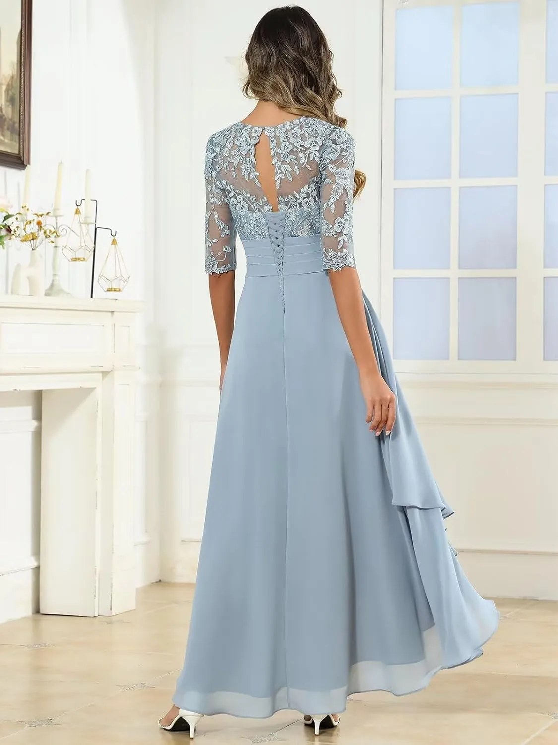 Tea Length Mother of The Bride Dresses for Women Half Sleeve Chiffon Lace Applique Formal Evening Dress