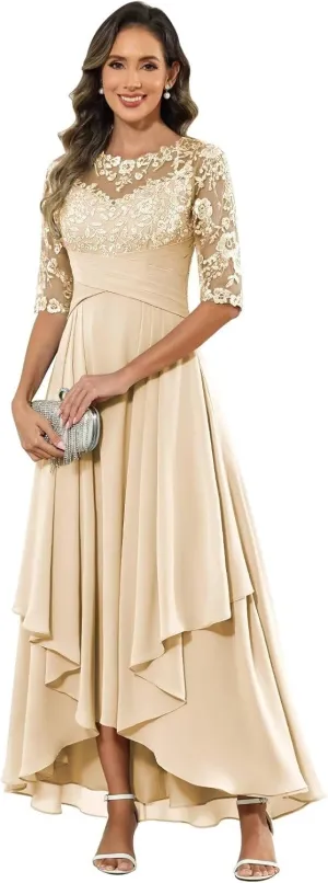 Tea Length Mother of The Bride Dresses for Women Half Sleeve Chiffon Lace Applique Formal Evening Dress