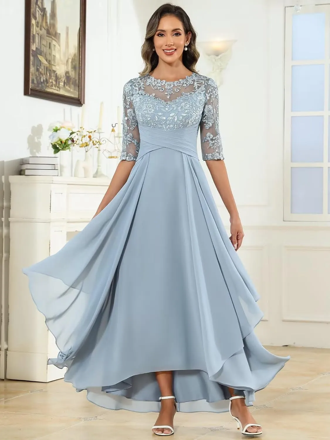 Tea Length Mother of The Bride Dresses for Women Half Sleeve Chiffon Lace Applique Formal Evening Dress