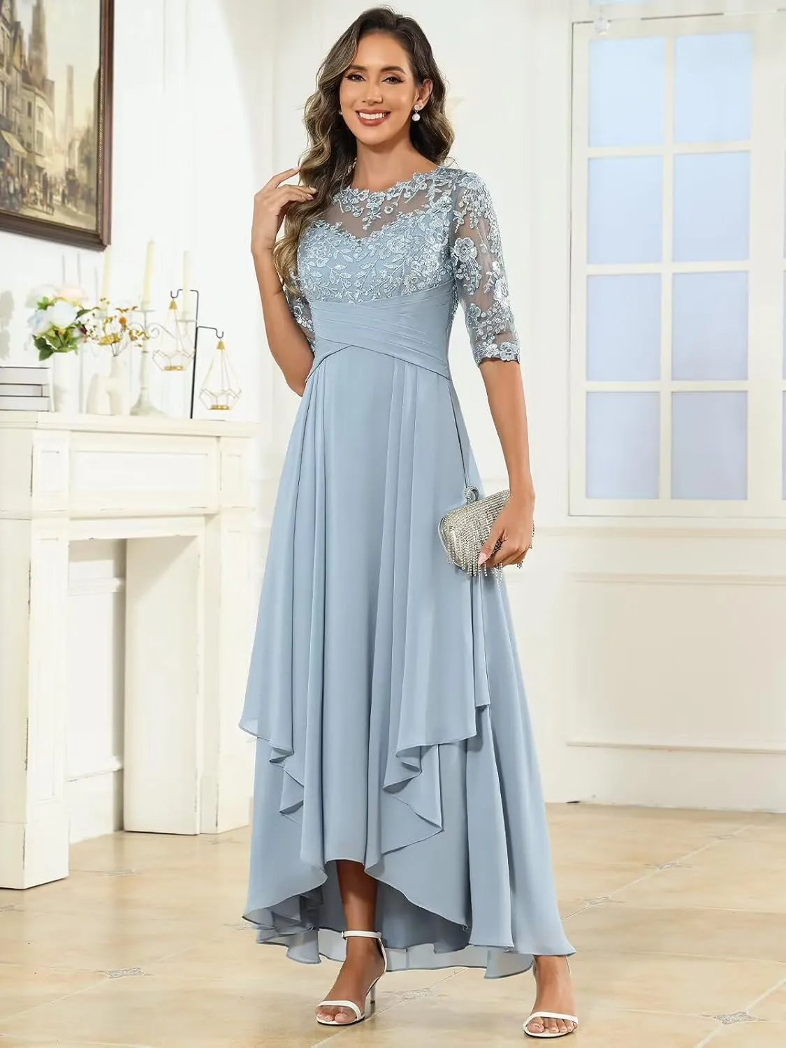 Tea Length Mother of The Bride Dresses for Women Half Sleeve Chiffon Lace Applique Formal Evening Dress