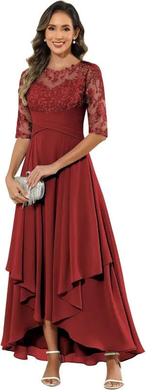 Tea Length Mother of The Bride Dresses for Women Half Sleeve Chiffon Lace Applique Formal Evening Dress