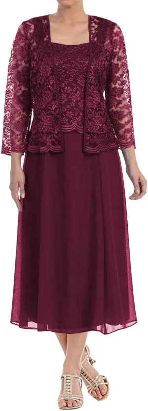 Tea Length Mother of The Bride Dresses Lace Evening Formal Dress Chiffon Wedding Guest Groom Dress Floral Lace Jacket