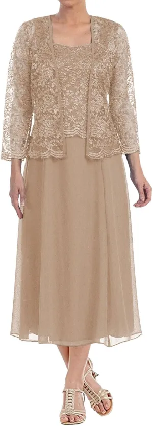 Tea Length Mother of The Bride Dresses Lace Evening Formal Dress Chiffon Wedding Guest Groom Dress Floral Lace Jacket