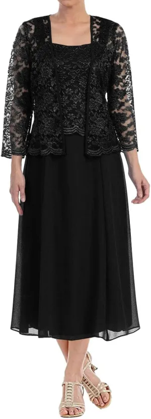 Tea Length Mother of The Bride Dresses Lace Evening Formal Dress Chiffon Wedding Guest Groom Dress Floral Lace Jacket