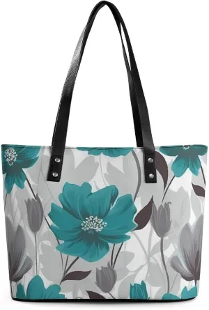 Teal Grey And White Floral Leather Lady's Handbag Crossbody Purse for Women Ladies Soft Shoulder Bag Medium Roomy Handbag Fashion Tote Top Handle Satchel
