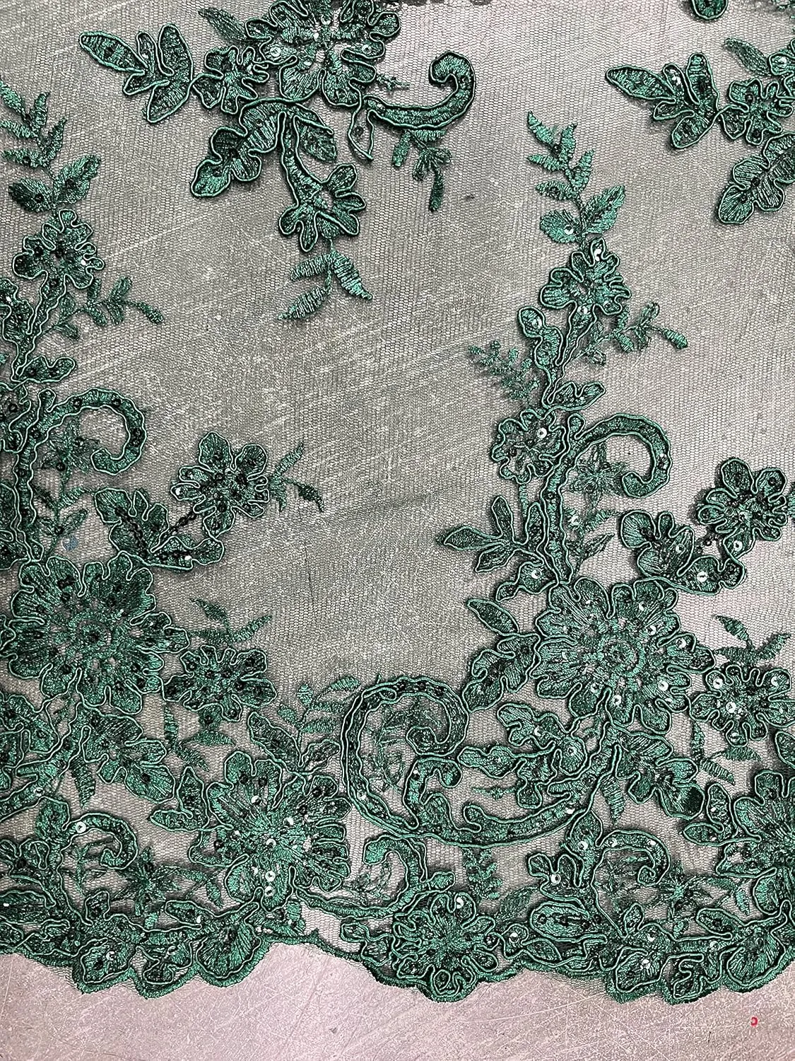 Tess Hunter Green Polyester Floral Embroidery with Sequins on Mesh Lace Fabric by The Yard - 10216