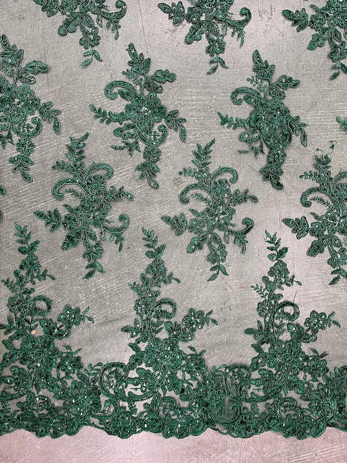 Tess Hunter Green Polyester Floral Embroidery with Sequins on Mesh Lace Fabric by The Yard - 10216