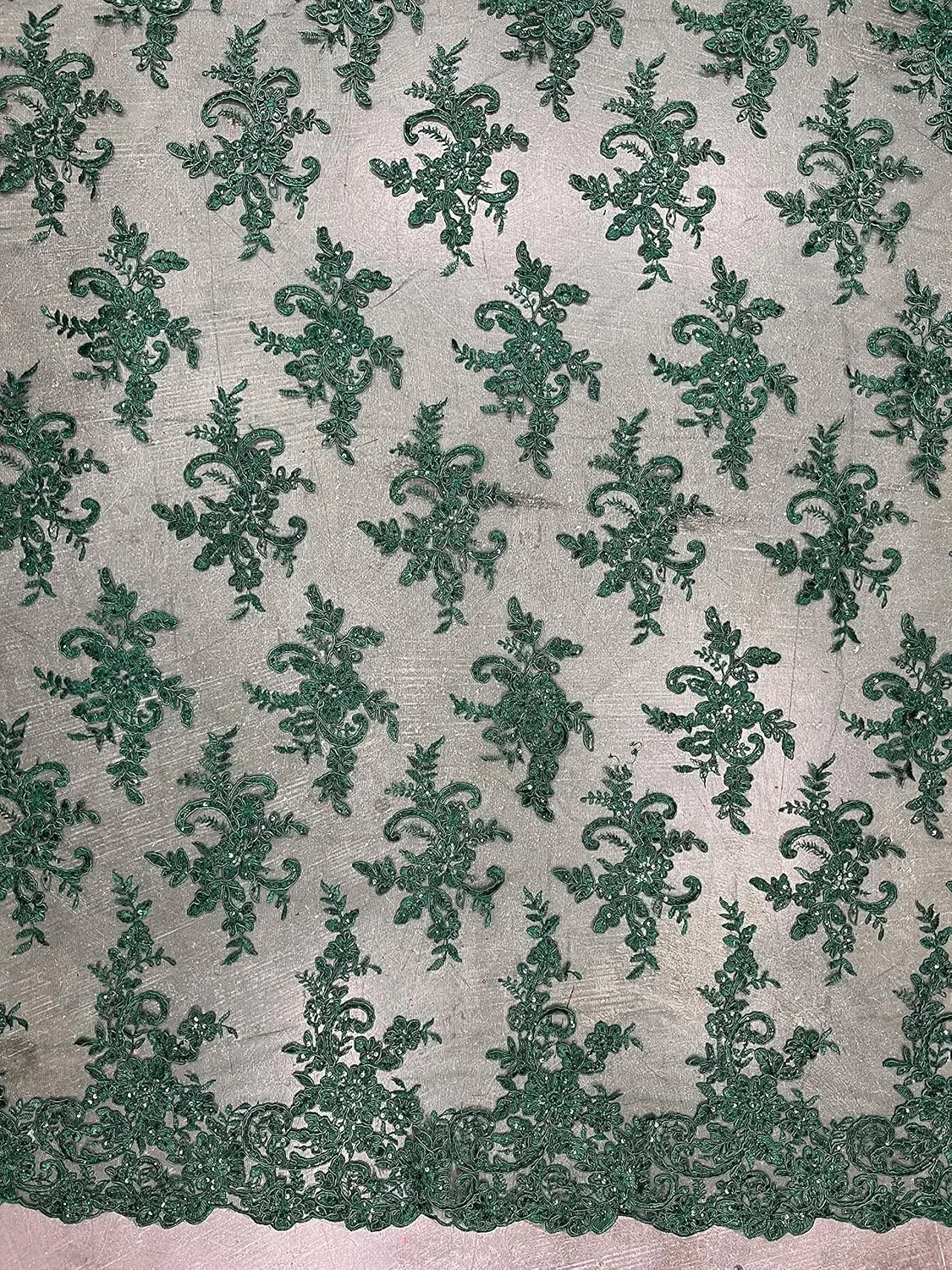 Tess Hunter Green Polyester Floral Embroidery with Sequins on Mesh Lace Fabric by The Yard - 10216