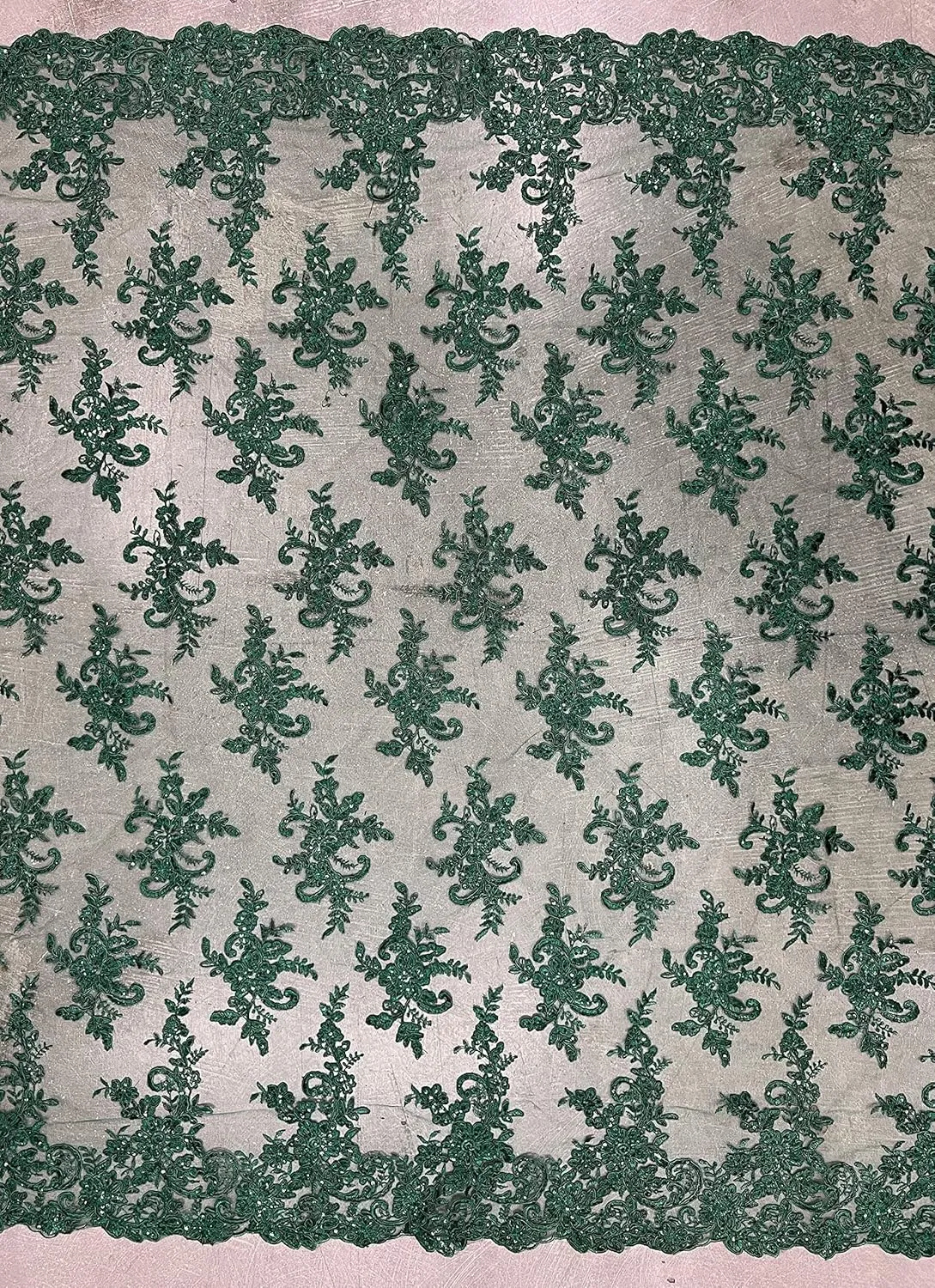 Tess Hunter Green Polyester Floral Embroidery with Sequins on Mesh Lace Fabric by The Yard - 10216