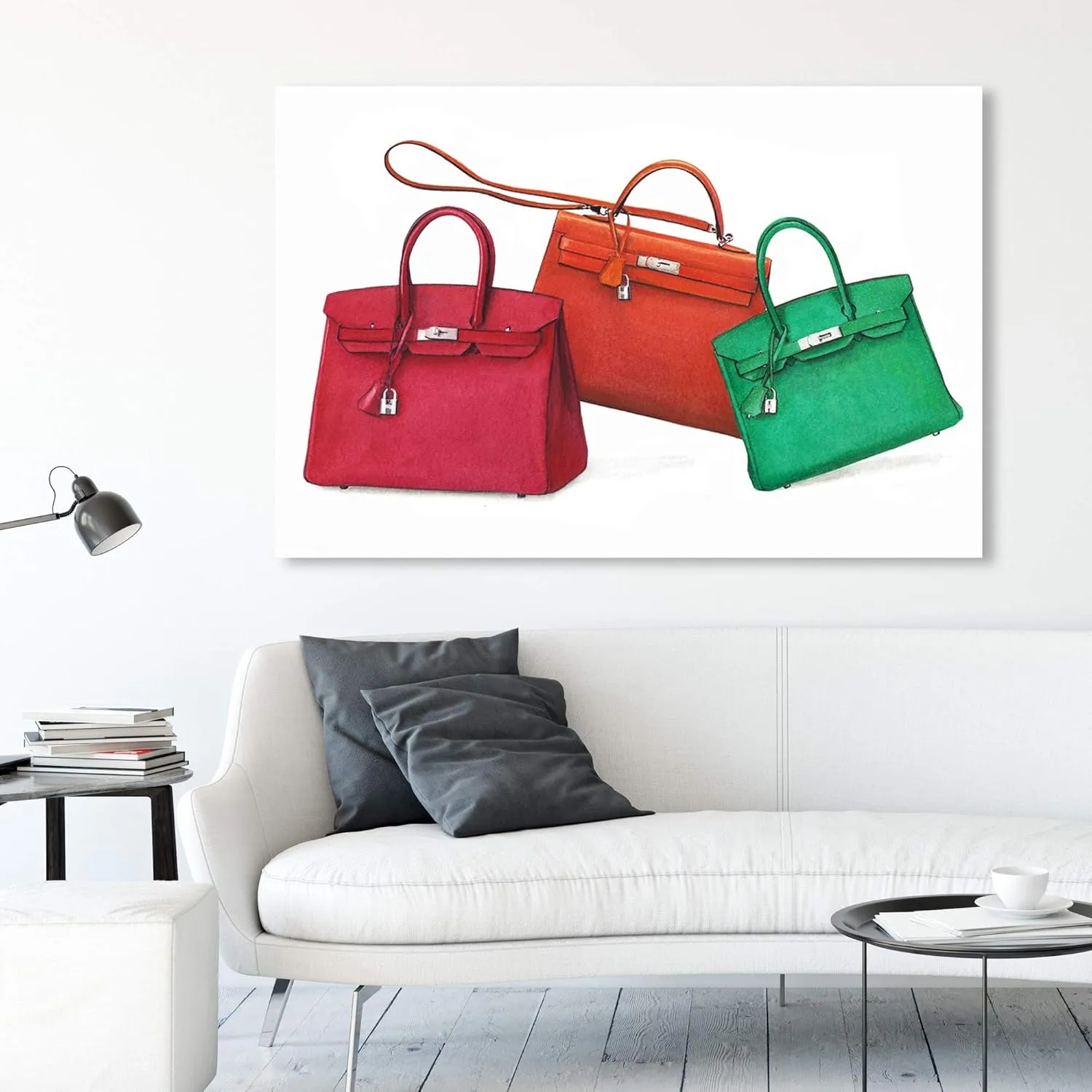 The Oliver Gal Artist Co. Fashion and Glam Wall Art Canvas Prints 'Doll Memories - Birkin Complementary Shades' Handbags Home Décor, 60" x 40", White, Pink