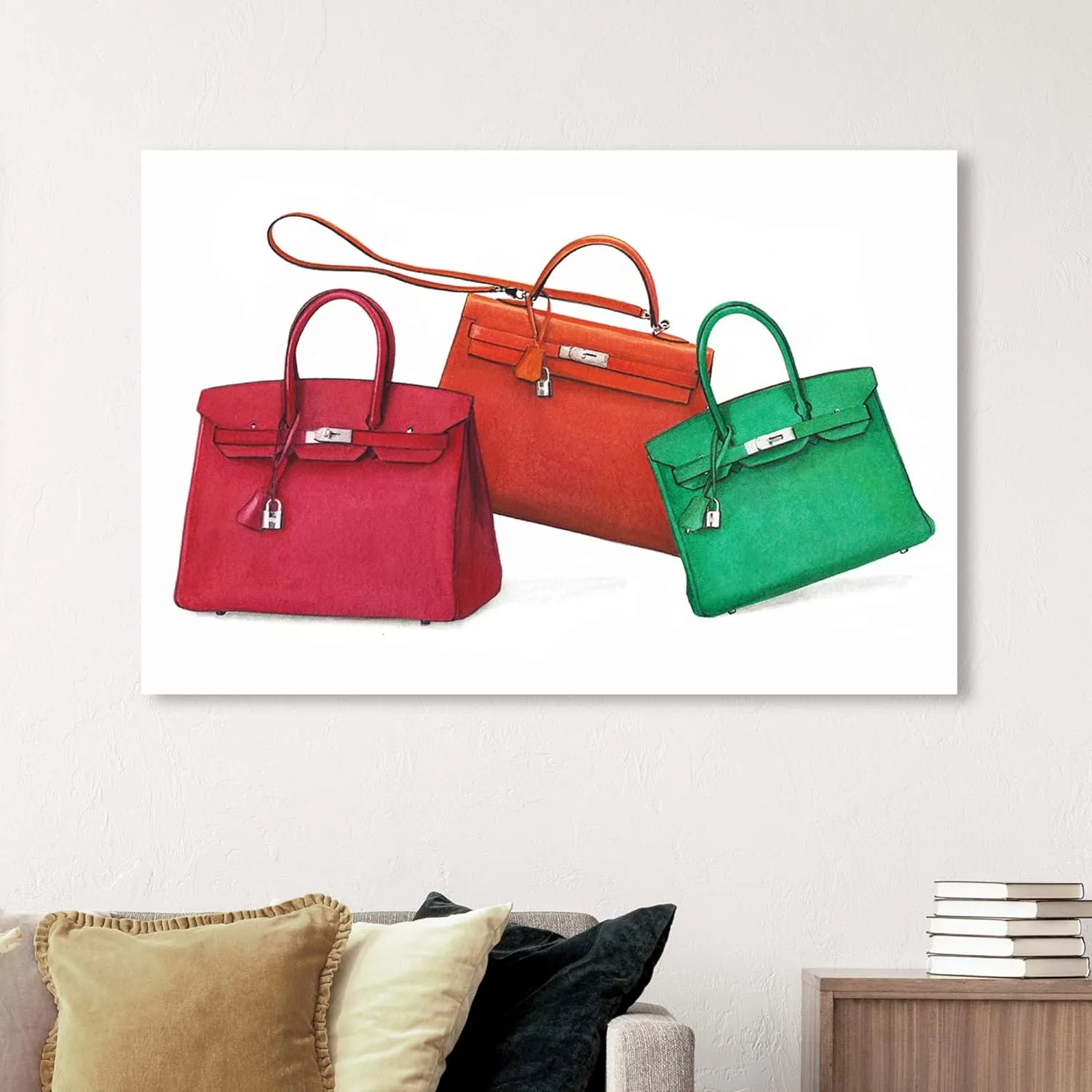 The Oliver Gal Artist Co. Fashion and Glam Wall Art Canvas Prints 'Doll Memories - Birkin Complementary Shades' Handbags Home Décor, 60" x 40", White, Pink