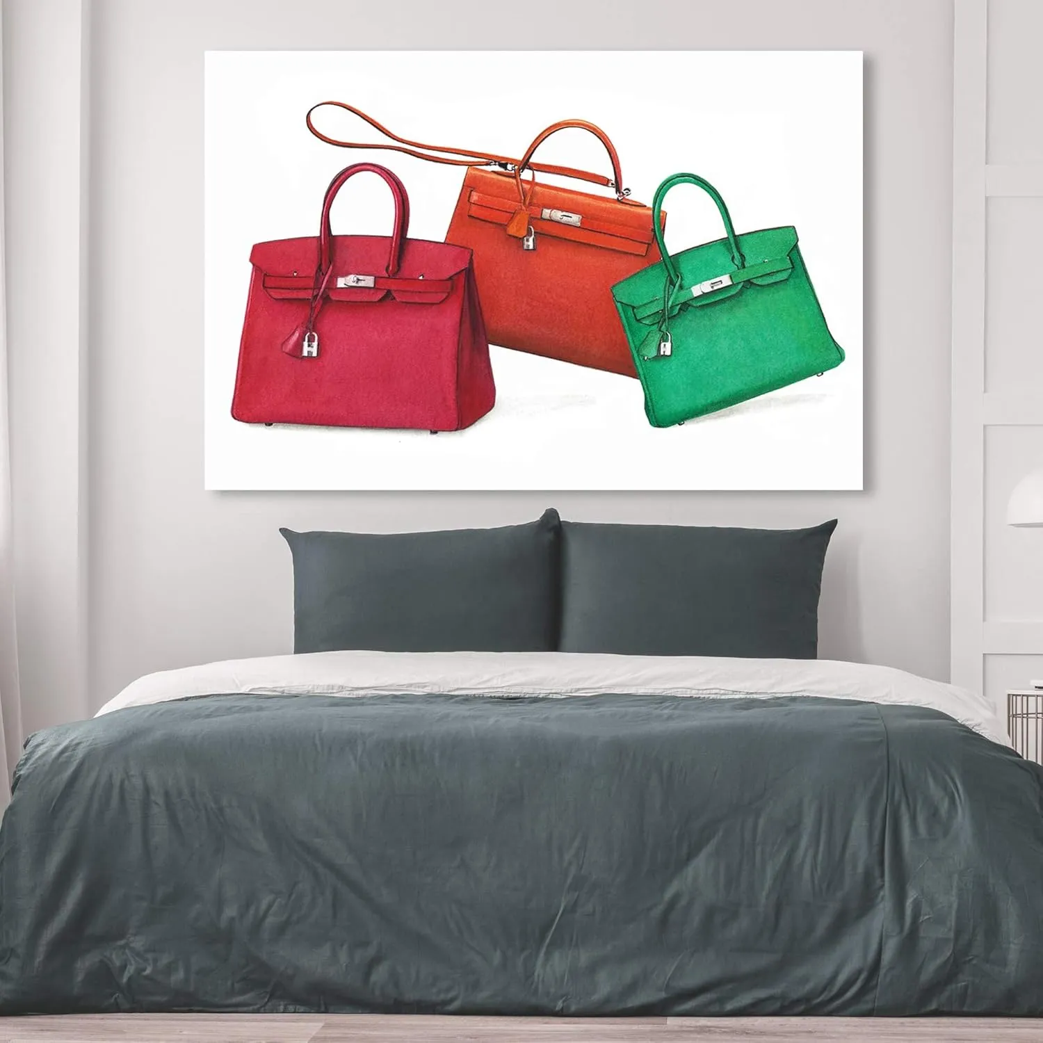 The Oliver Gal Artist Co. Fashion and Glam Wall Art Canvas Prints 'Doll Memories - Birkin Complementary Shades' Handbags Home Décor, 60" x 40", White, Pink