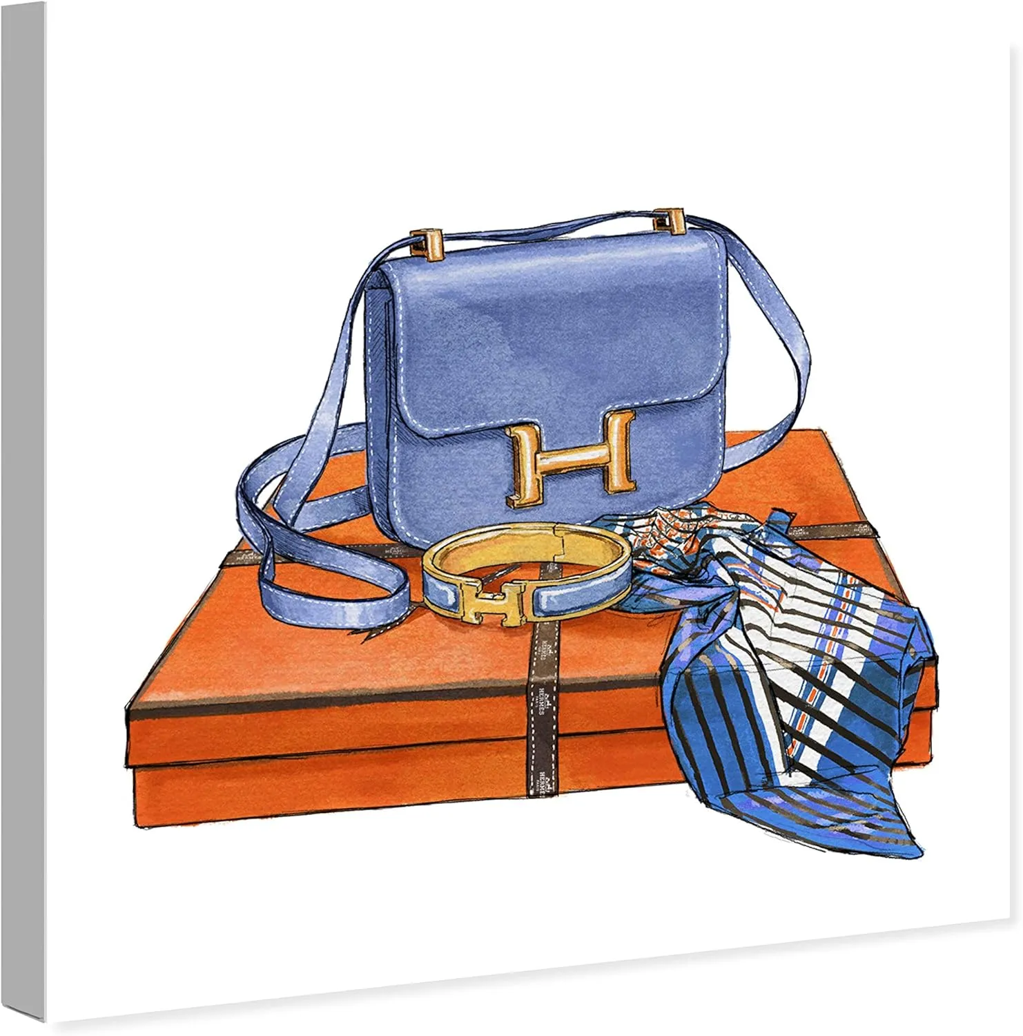 The Oliver Gal Artist Co. Fashion and Glam Wall Art Canvas Prints 'My Bag Collection VI Custom' Home Décor, 20" x 20", Blue, Orange