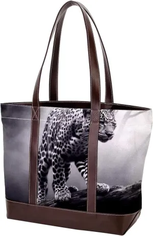 The Tote Bag For Women,Tote Bag With Zipper,Canvas Tote Bag,Black Gray Fog Leopard Handbags