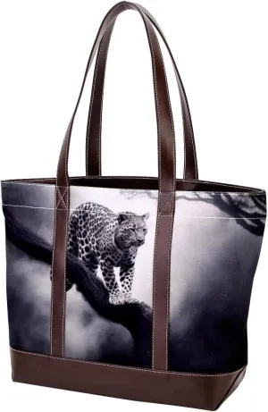 The Tote Bag For Women,Tote Bag With Zipper,Canvas Tote Bag,Black Gray Fog Leopard Handbags