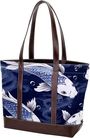 The Tote Bag For Women,Tote Bag With Zipper,Canvas Tote Bag,Blue Fish Luck Koi Handbags