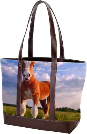 The Tote Bag For Women,Tote Bag With Zipper,Canvas Tote Bag,Blue Sky Horse Grass Handbags