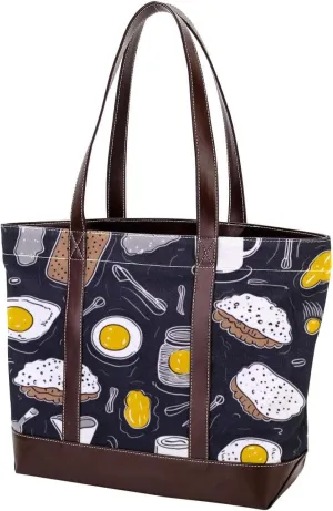 The Tote Bag For Women,Tote Bag With Zipper,Canvas Tote Bag,Breakfast Coffee Fried Egg Handbags