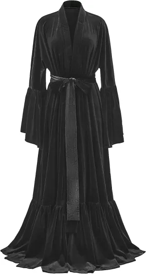 Tianzhihe Velvet Bridal Robe Long Flare Sleeves Nightgown Sleepwear Loose Warm Bathgown