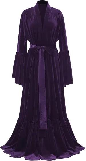 Tianzhihe Velvet Bridal Robe Long Flare Sleeves Nightgown Sleepwear Loose Warm Bathgown