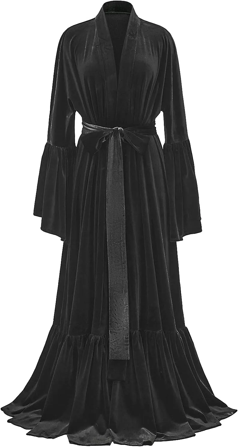 Tianzhihe Velvet Bridal Robe Long Flare Sleeves Nightgown Sleepwear Loose Warm Bathgown