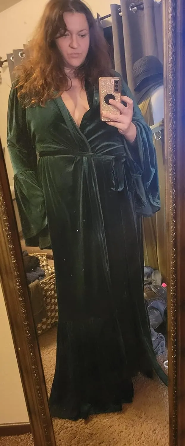 Tianzhihe Velvet Bridal Robe Long Flare Sleeves Nightgown Sleepwear Loose Warm Bathgown