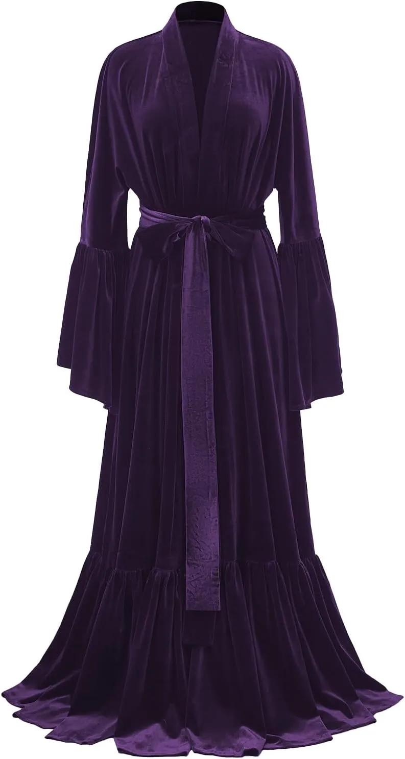 Tianzhihe Velvet Bridal Robe Long Flare Sleeves Nightgown Sleepwear Loose Warm Bathgown