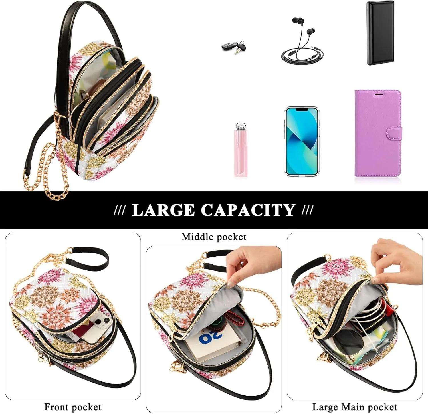 Tie Dye Flowers Quilted Crossbody Purse Crossbody Phone Bags for Women
