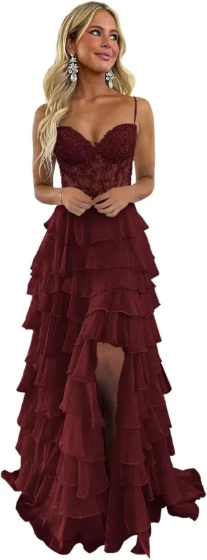 Tiered Prom Dress Lace Applique Corset Spaghetti Straps Ruffle Chiffon Formal Evening Gowns with Slit