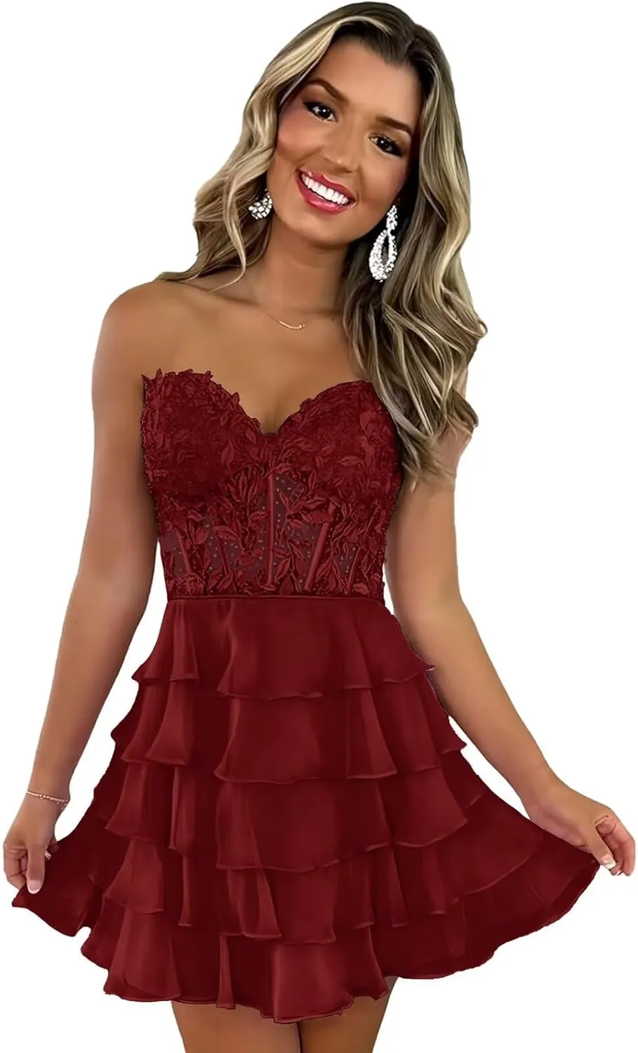 Tiered Short Homecoming Dresses for Teens 2025 Lace Strapless Corset Prom Cocktail Dresses