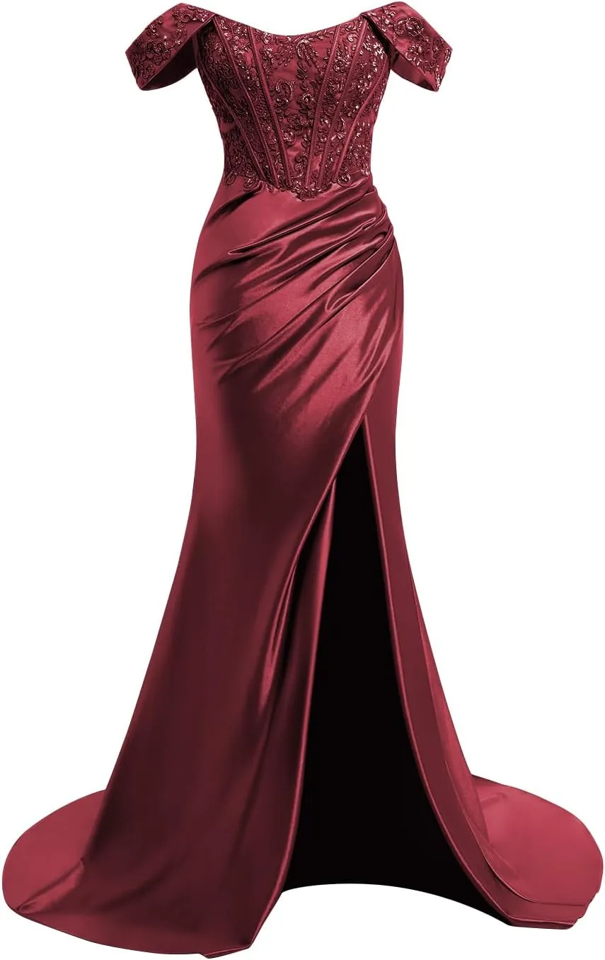 TIRAS Off Shoulder Lace Appliques Satin Prom Mermaid Dresses for Women 2025 Long Split Formal Evening Gown CM263
