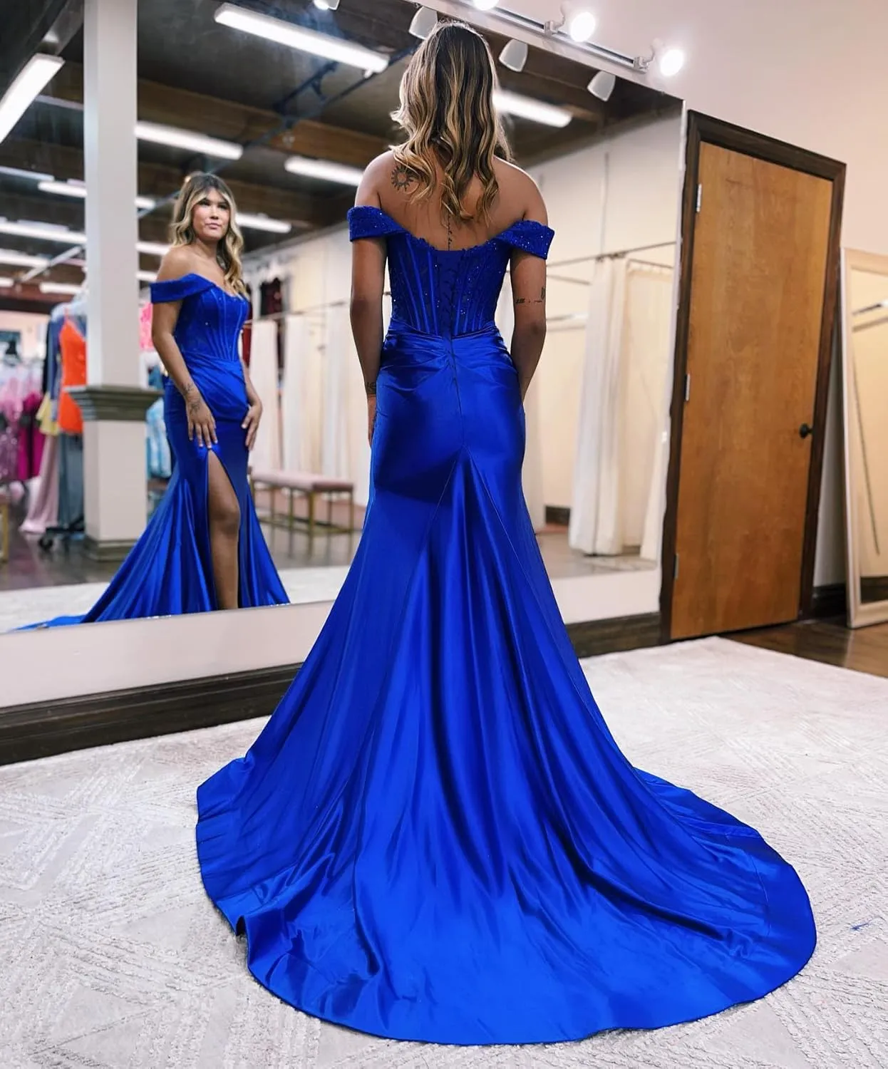 TIRAS Off Shoulder Lace Appliques Satin Prom Mermaid Dresses for Women 2025 Long Split Formal Evening Gown CM263