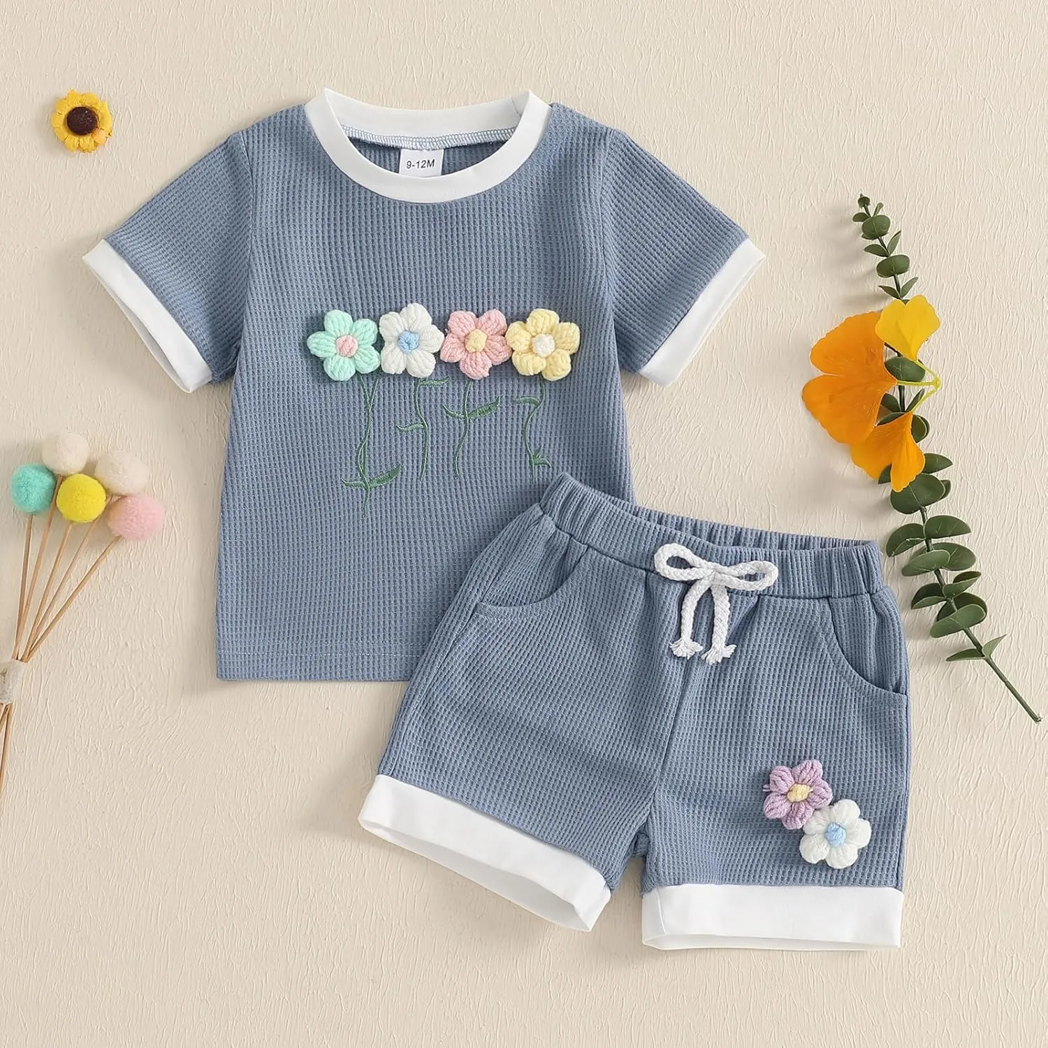 Toddler Baby Girl Summer Outfits Flower Embroidered Short Sleeve Top Shorts 2Pcs Set Infant Cute Spring Clothes