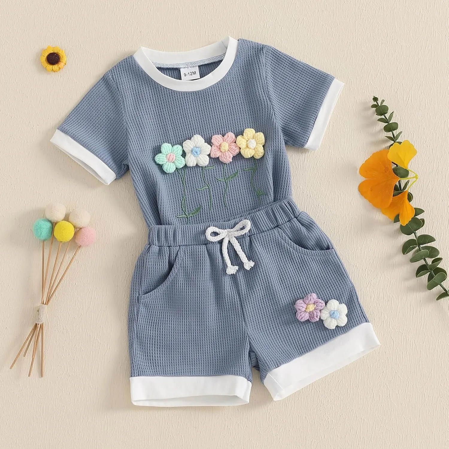 Toddler Baby Girl Summer Outfits Flower Embroidered Short Sleeve Top Shorts 2Pcs Set Infant Cute Spring Clothes