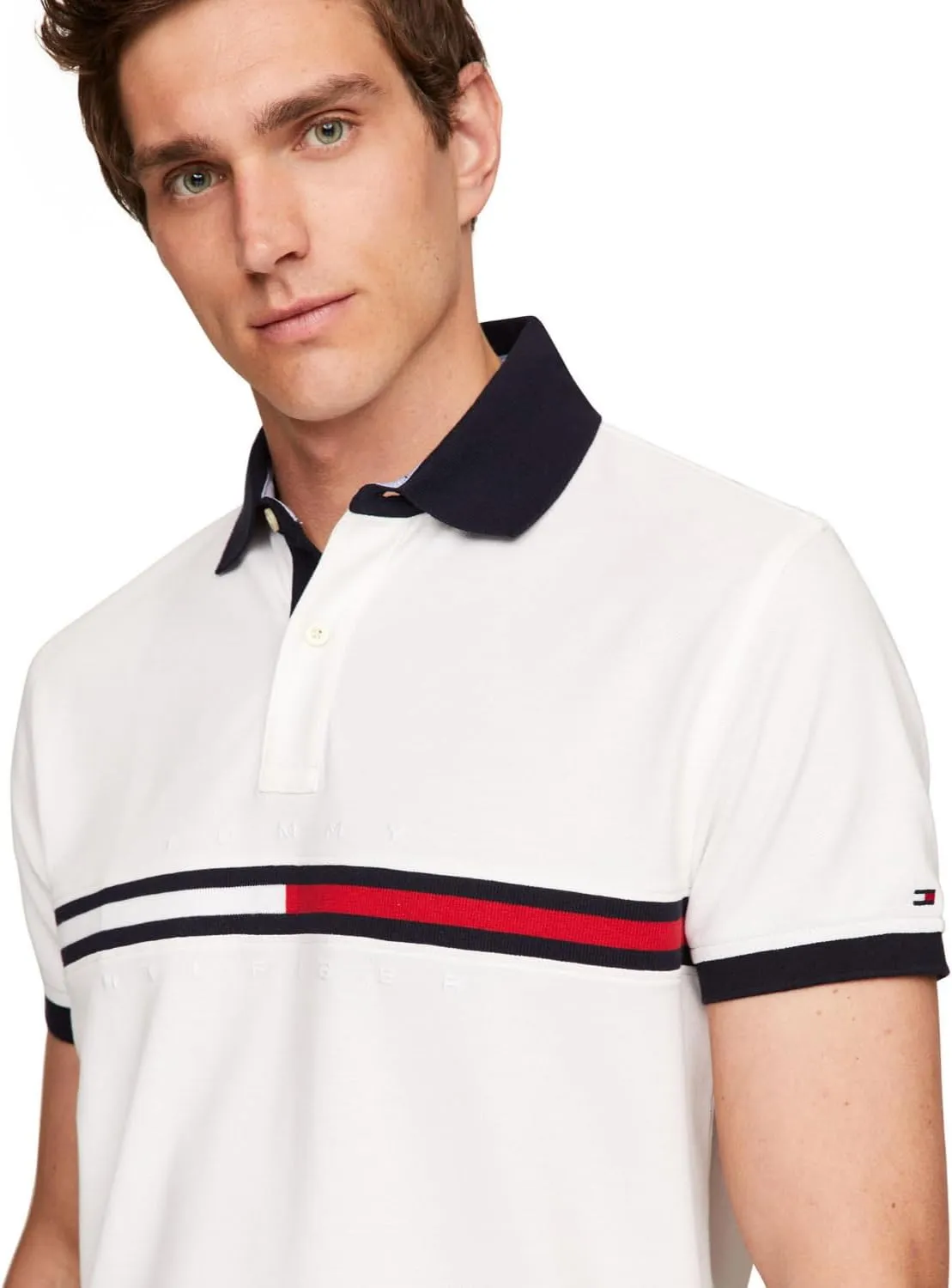 Tommy Hilfiger Men's Short Sleeve Cotton Pique Flag Graphic Polo Shirt in Custom Fit
