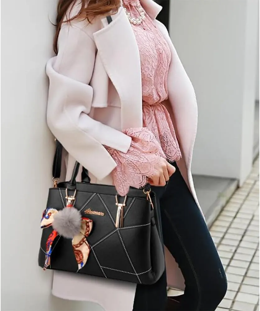 Top-handle Handbags Purse Soft PU Leather Crossbody Shoulder Bag Satchel with Bowknot Plush Ball Pendant