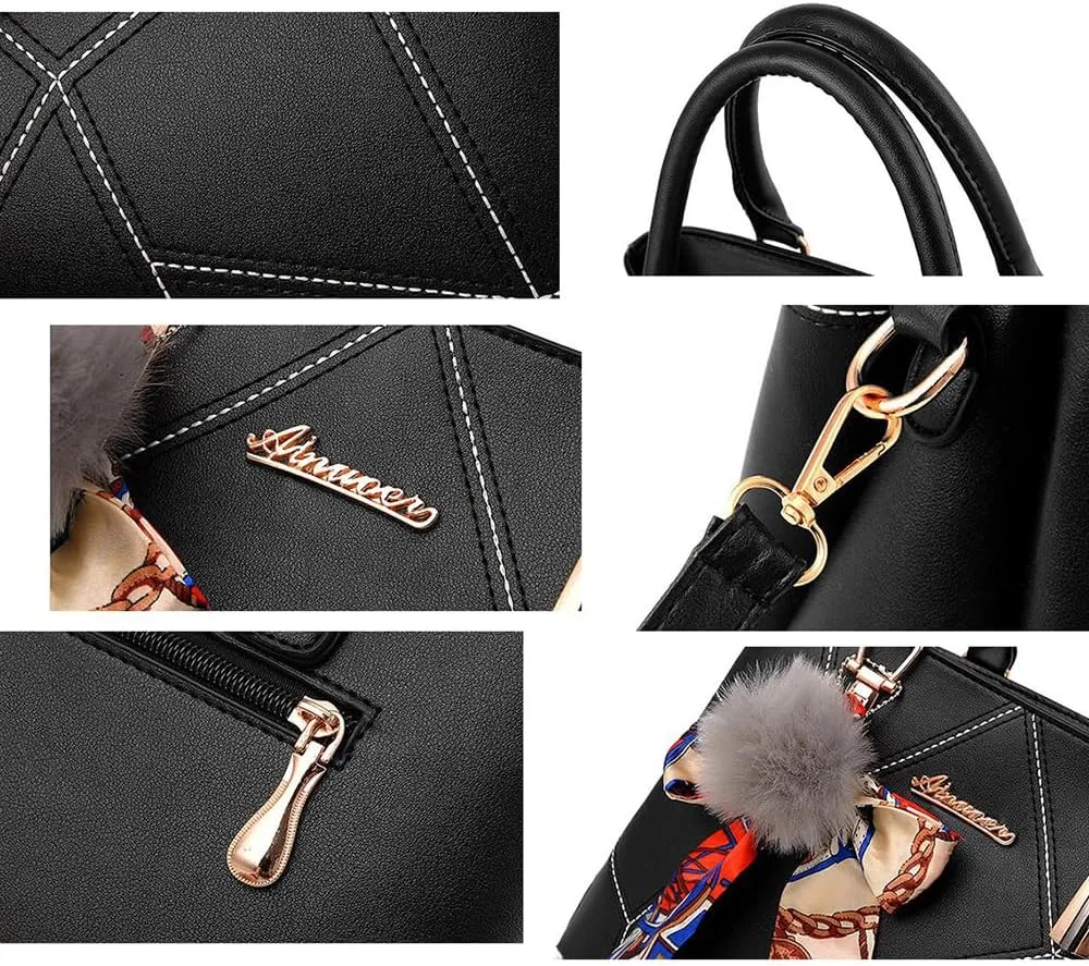 Top-handle Handbags Purse Soft PU Leather Crossbody Shoulder Bag Satchel with Bowknot Plush Ball Pendant
