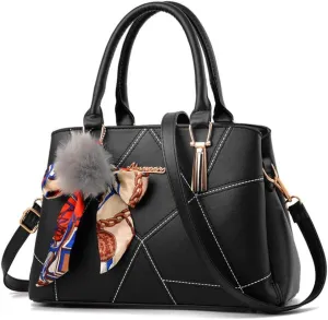 Top-handle Handbags Purse Soft PU Leather Crossbody Shoulder Bag Satchel with Bowknot Plush Ball Pendant