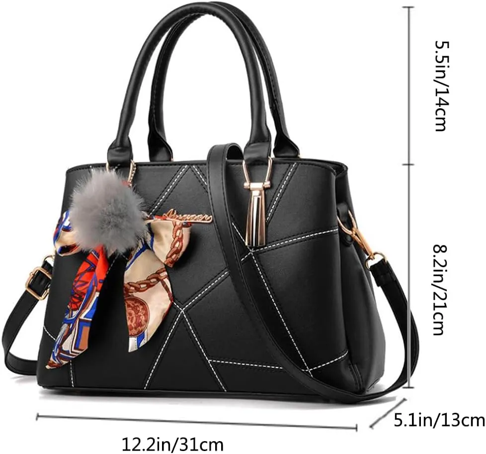 Top-handle Handbags Purse Soft PU Leather Crossbody Shoulder Bag Satchel with Bowknot Plush Ball Pendant
