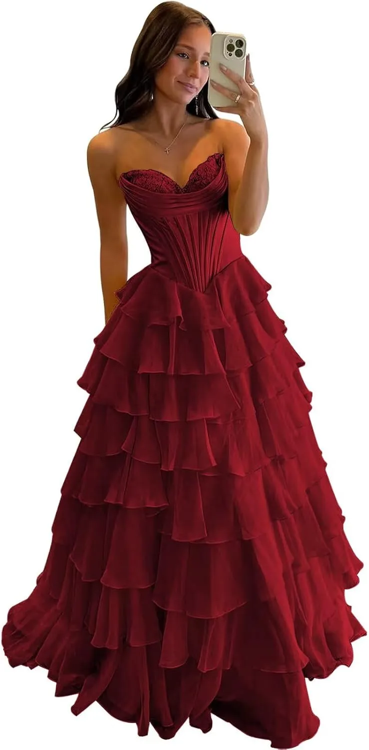 TORYEMY Strapless Corset Prom Dresses for Women 2025 Long Tiered Ruffle Chiffon Formal Evening Gown with Slit