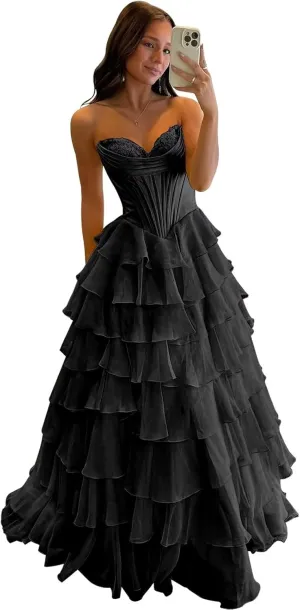 TORYEMY Strapless Corset Prom Dresses for Women 2025 Long Tiered Ruffle Chiffon Formal Evening Gown with Slit
