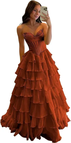 TORYEMY Strapless Corset Prom Dresses for Women 2025 Long Tiered Ruffle Chiffon Formal Evening Gown with Slit