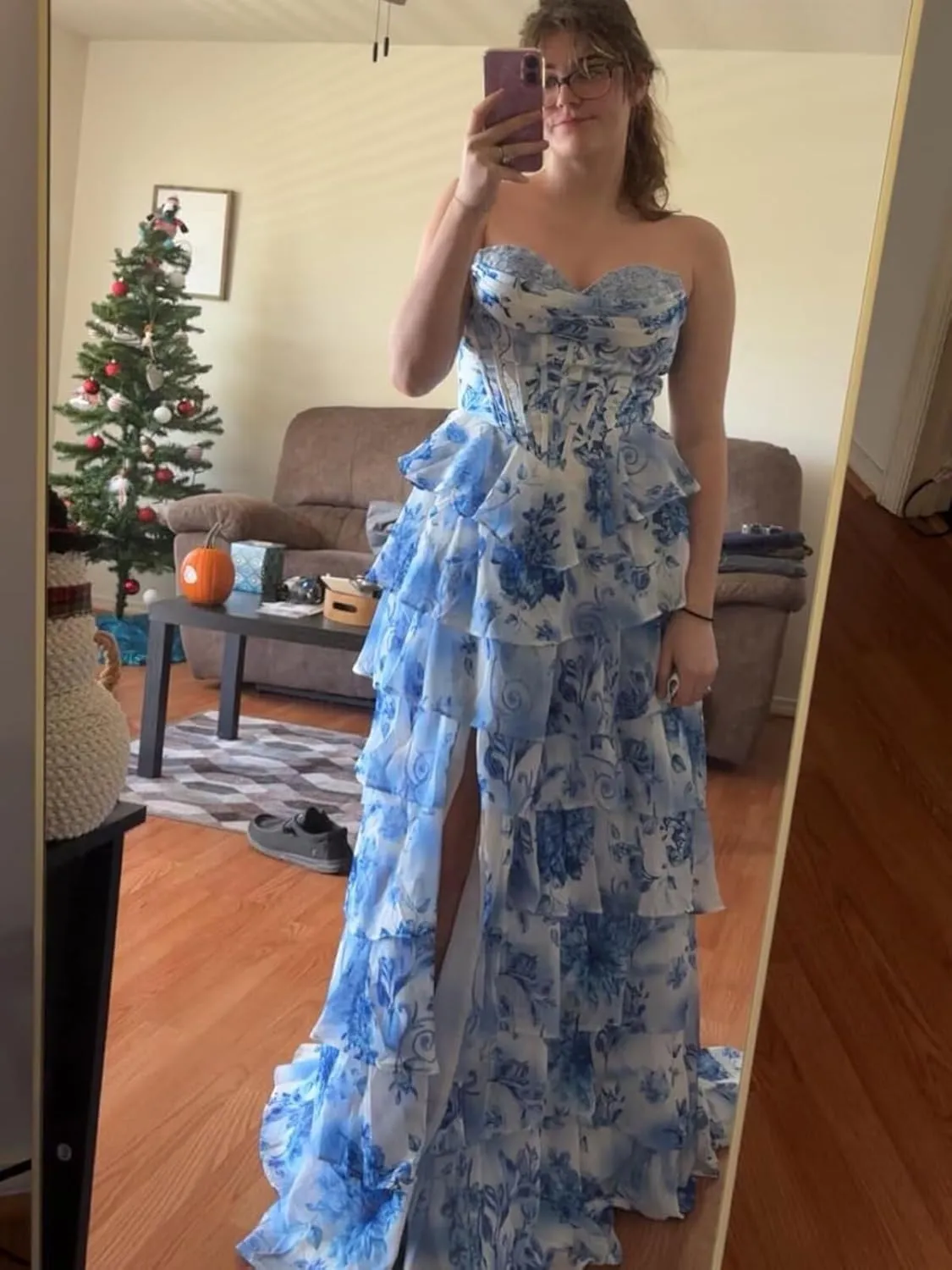 TORYEMY Strapless Corset Prom Dresses for Women 2025 Long Tiered Ruffle Chiffon Formal Evening Gown with Slit