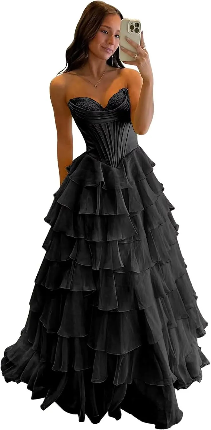 TORYEMY Strapless Corset Prom Dresses for Women 2025 Long Tiered Ruffle Chiffon Formal Evening Gown with Slit